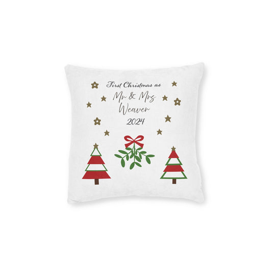 Printify Home Decor 12" × 12" Christmas Cushion - Personalised First Christmas as Mr & Mrs 2024 festive colours