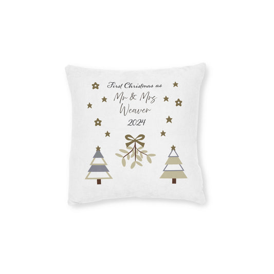 Printify Home Decor 12" × 12" Christmas Pillow - Personalised First Christmas as Mr & Mrs 2024