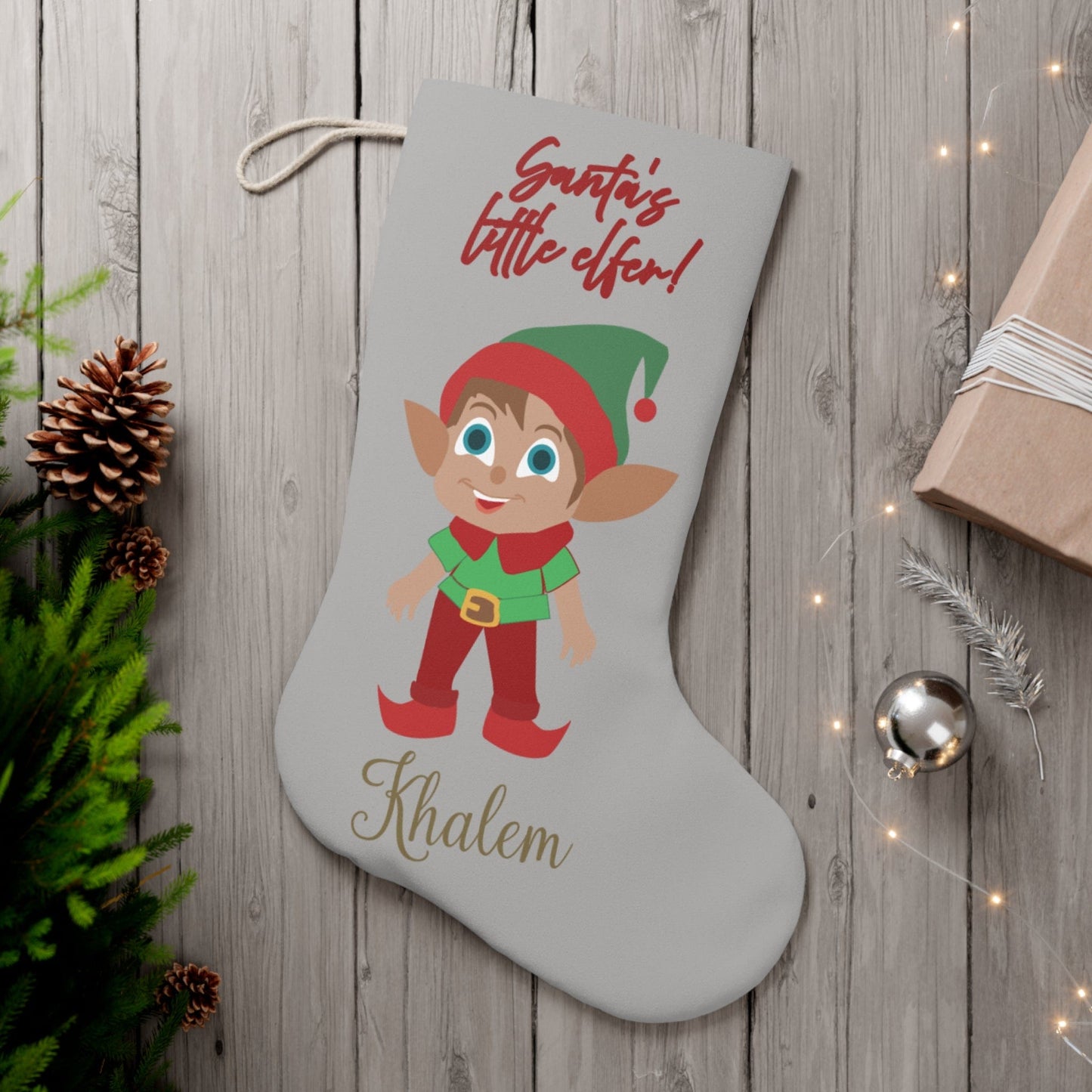 Printify Home Decor 13" × 19.3'' Christmas Stocking- Personalised Santa’s Little Elfer short hair