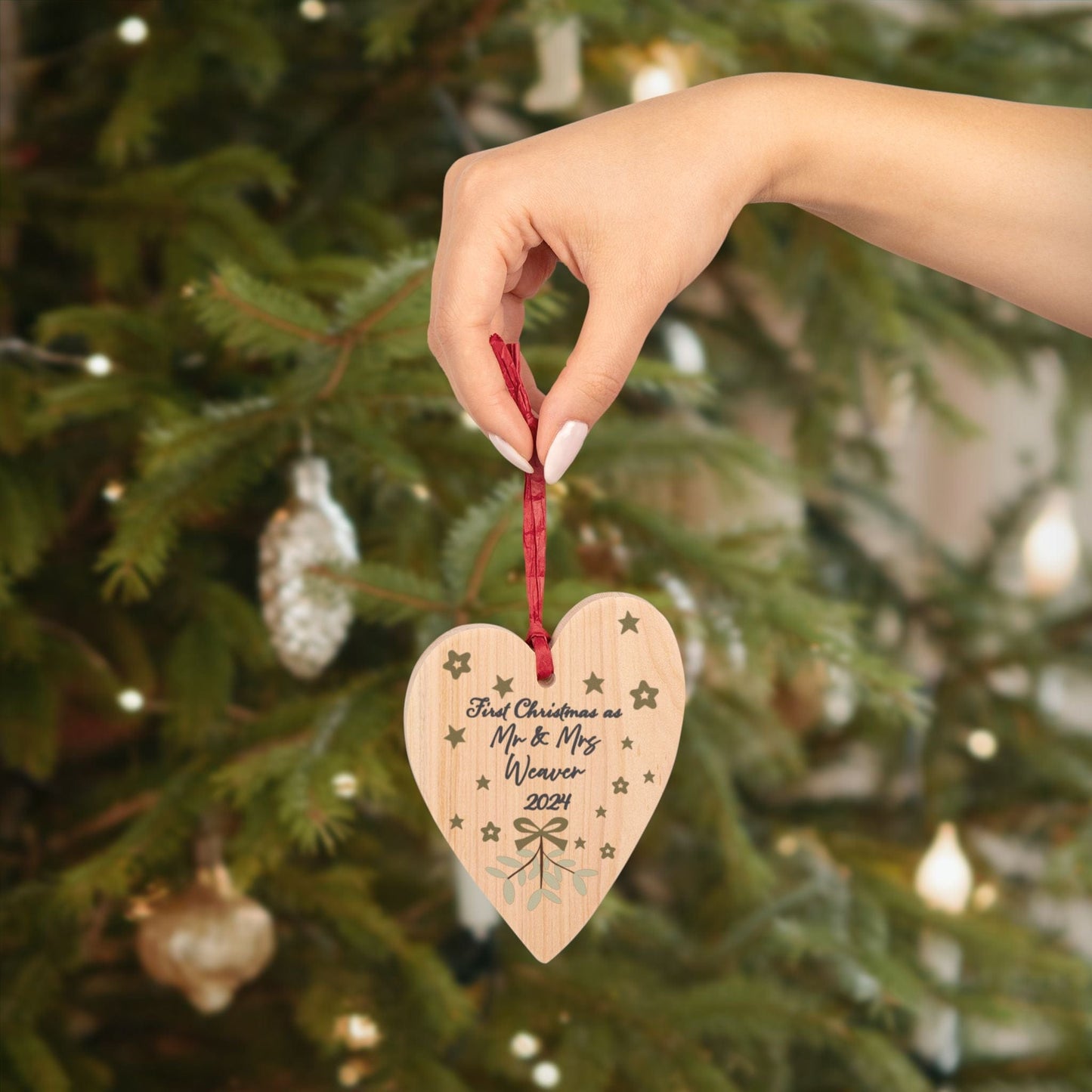 Printify Home Decor Heart / One Size Personalised Mr & Mrs First Christmas Wooden Heart Ornament - Neutral colour