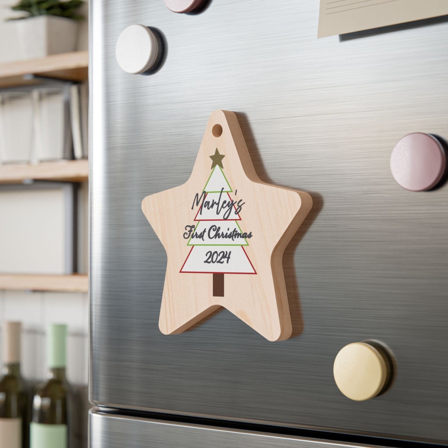 Printify Home Decor Star / One Size Personalised First Christmas Wooden Star Ornament- Festive Colour