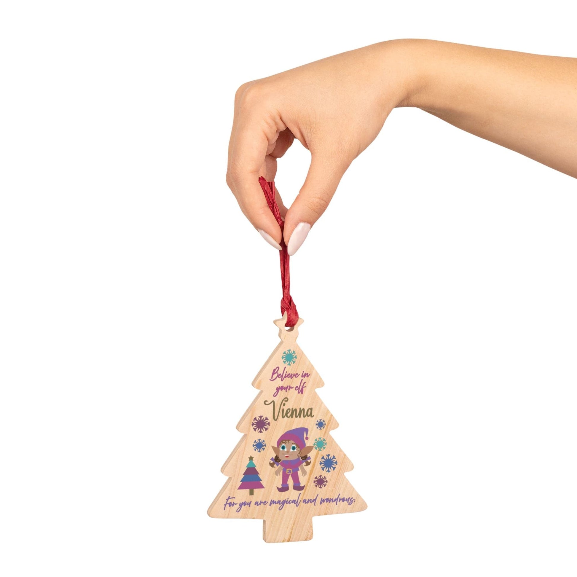 Printify Home Decor Tree / One Size Personalised Elf Christmas Wooden Tree Ornament- Pink & Purple Colour