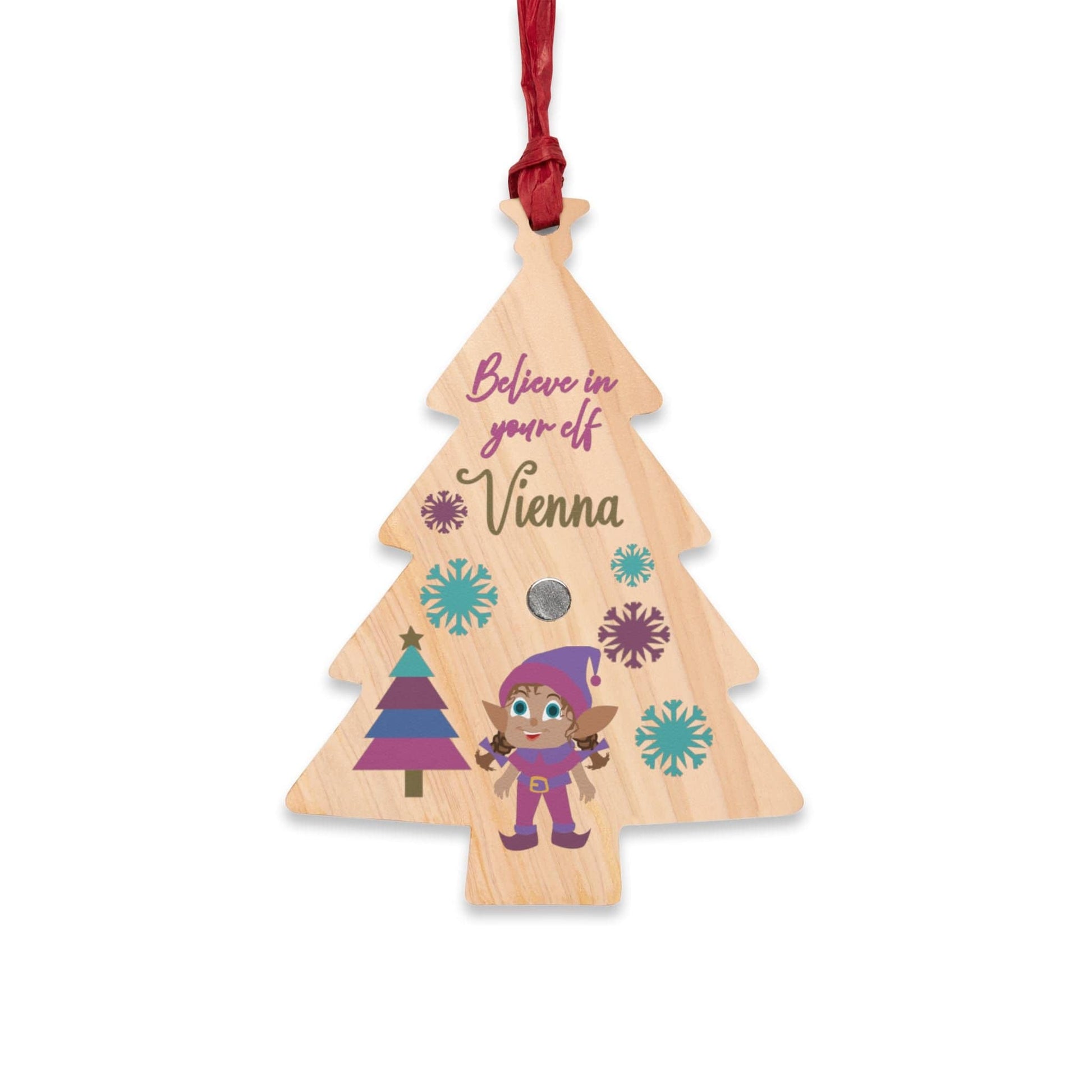 Printify Home Decor Tree / One Size Personalised Elf Christmas Wooden Tree Ornament- Pink & Purple Colour