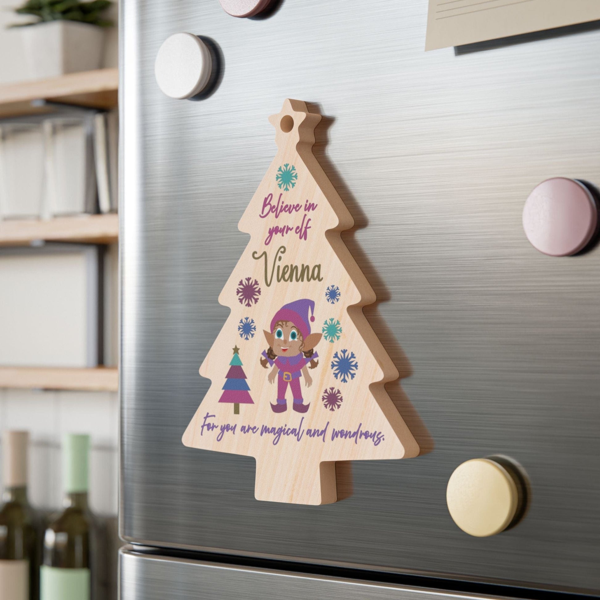 Printify Home Decor Tree / One Size Personalised Elf Christmas Wooden Tree Ornament- Pink & Purple Colour