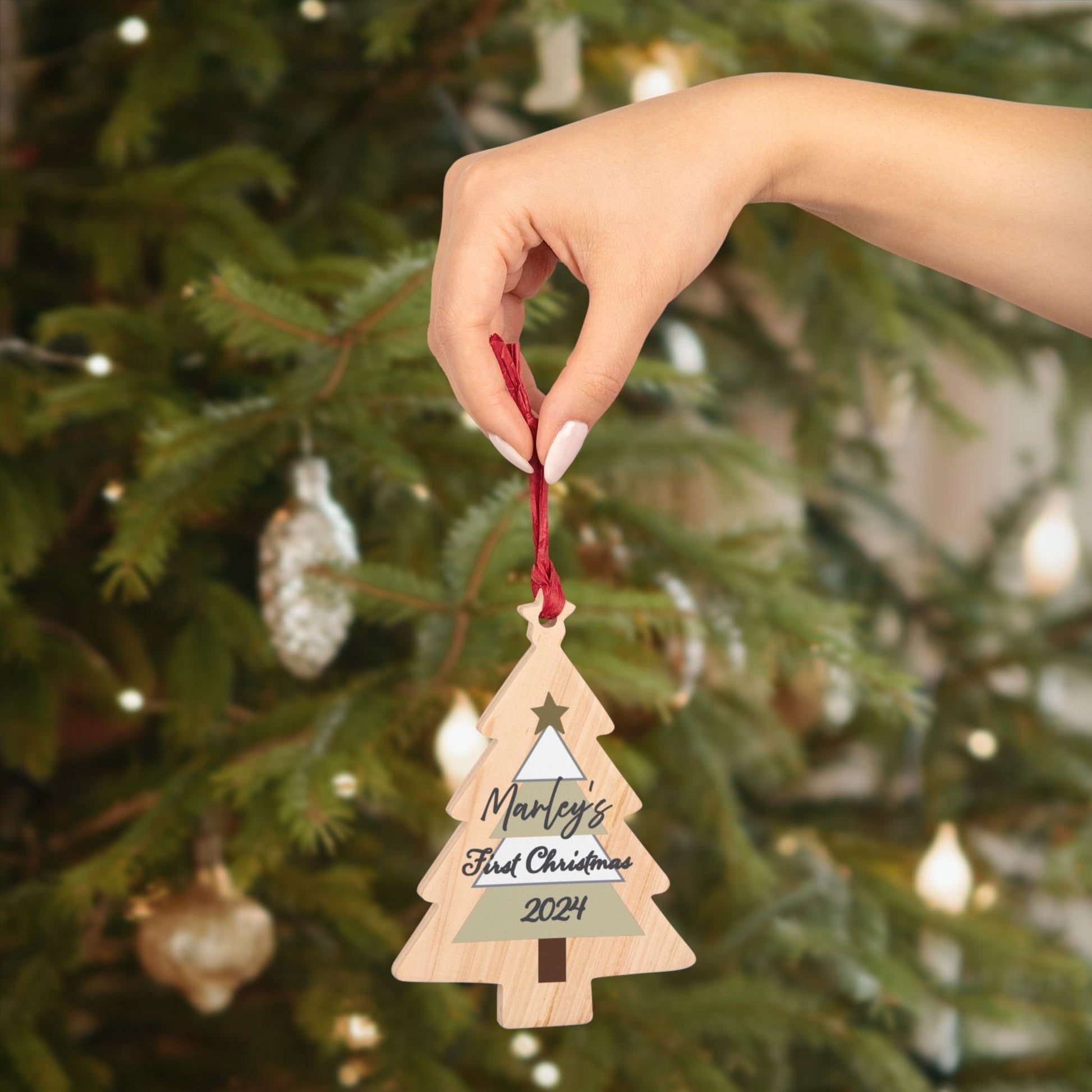 Printify Home Decor Tree / One Size Personalised First Christmas Wooden Tree Ornament- Neutral Colour