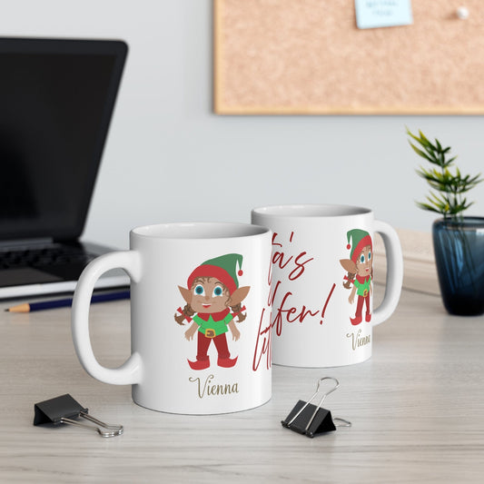 Printify Mug 11oz Mug - Cute Christmas Elf Personalised with 'Santa's Little Elfer' Slogan