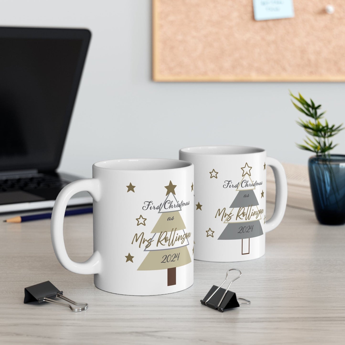 Printify Mug 11oz Mug - Personalised First Christmas as Mrs in Neutral Tones