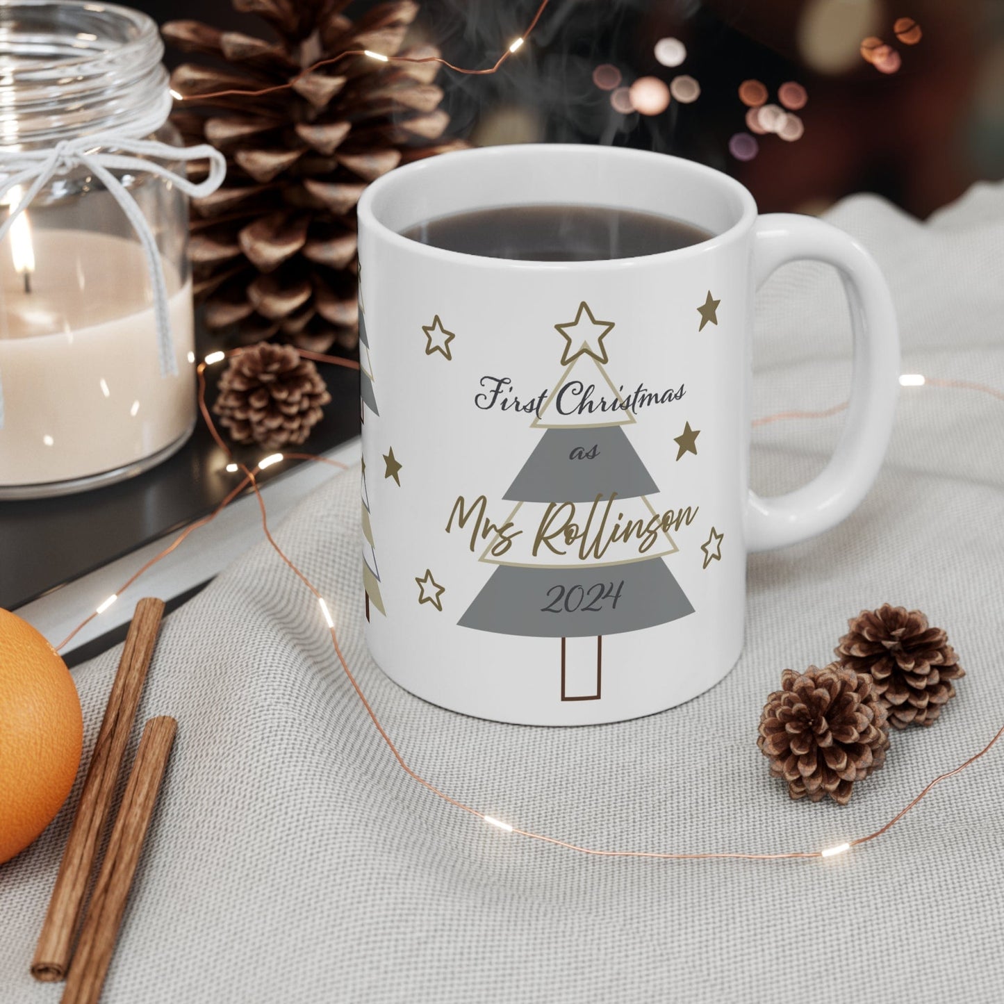 Printify Mug 11oz Mug - Personalised First Christmas as Mrs in Neutral Tones