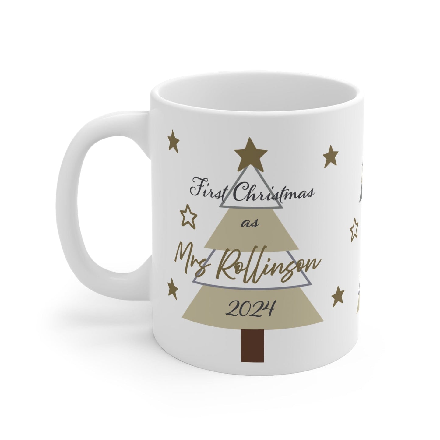 Printify Mug 11oz Mug - Personalised First Christmas as Mrs in Neutral Tones